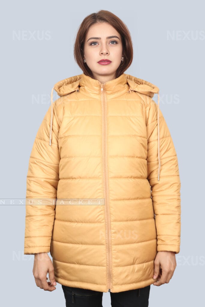 Ladies Long Puffer Bomber Jacket Brown