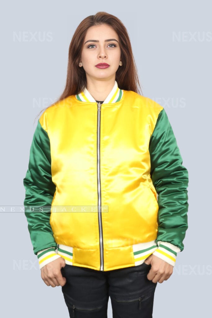 Reversable Satin Varsity Jacket Ladies Yellow and Green