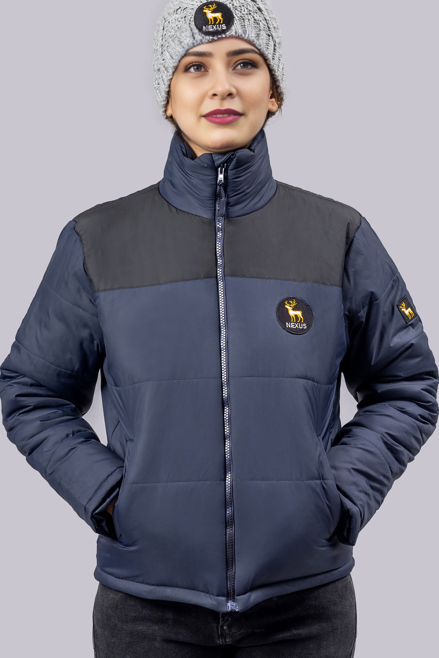 Women Puffer Jacket (Blue & Black)