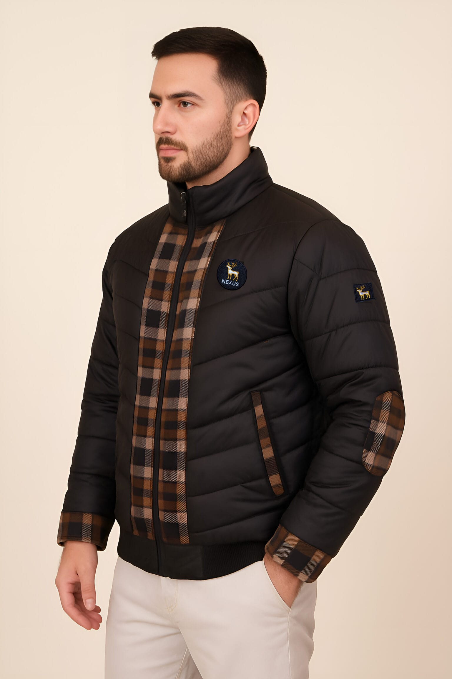 Black Full-Sleeve Jacket with Yellow Check Accents - Image 3