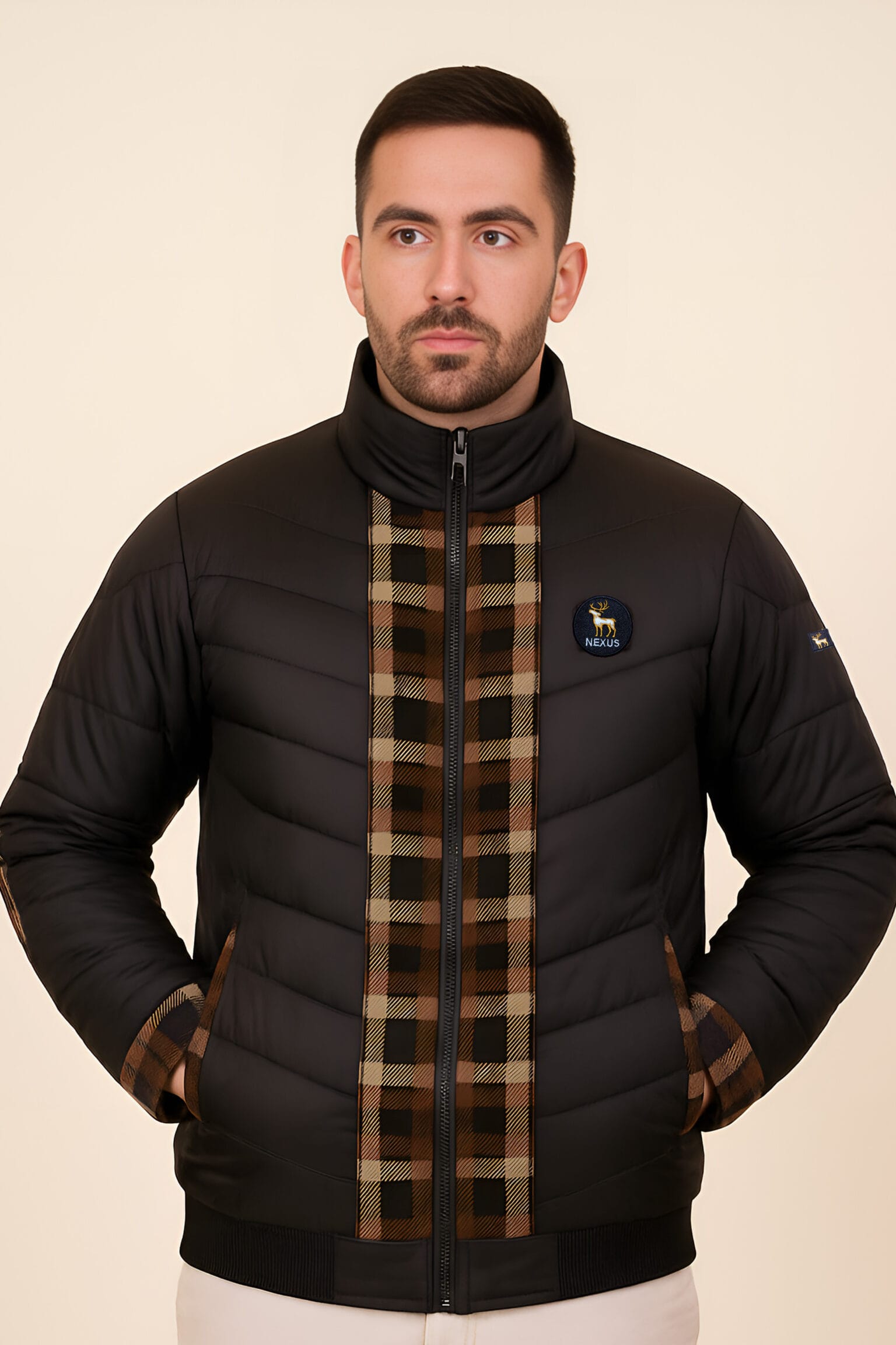 Black Full-Sleeve Jacket with Yellow Check Accents