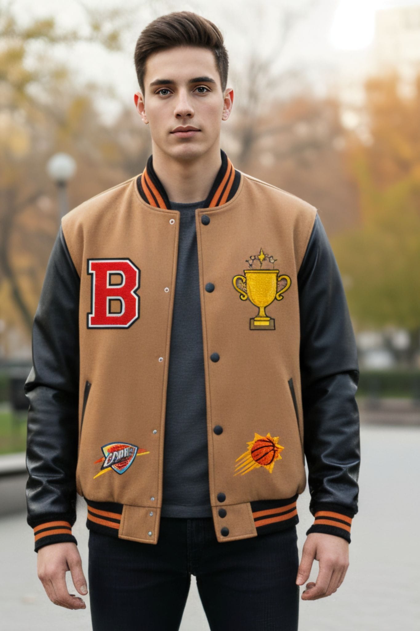 Heritage Tan Melton Wool Varsity Jacket with Cowhide Sleeves (1)