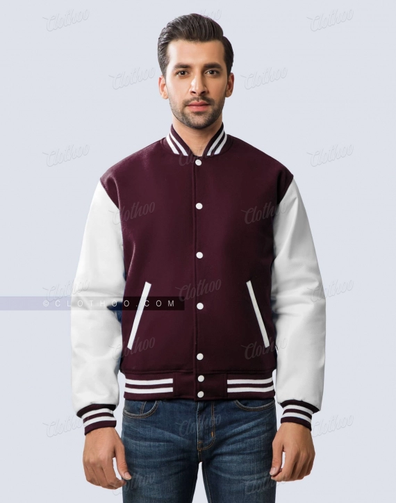 Maroon Wool and White Leather Sleeves Letterman Jacket