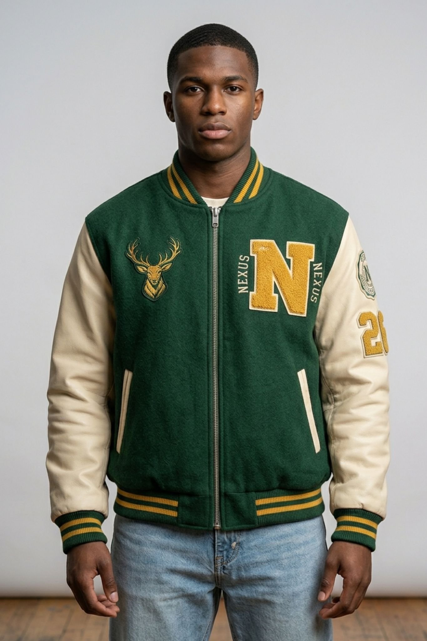Nexus Green Varsity Jacket Premium Letterman Style with Gold Embroidery