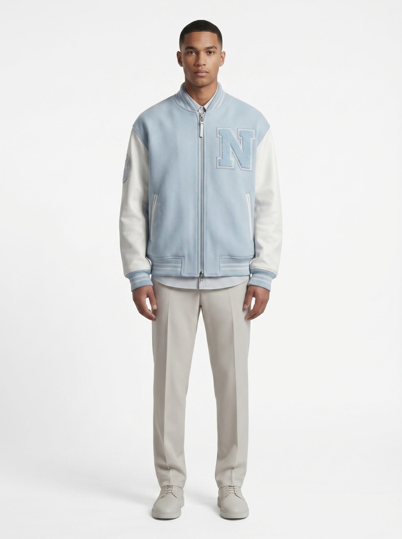 Custom Ice Blue Melton Wool Varsity Jacket Men Genuine Leather Sleeves Minimalist Luxury Letterman Coat B2B Nexus Jacket