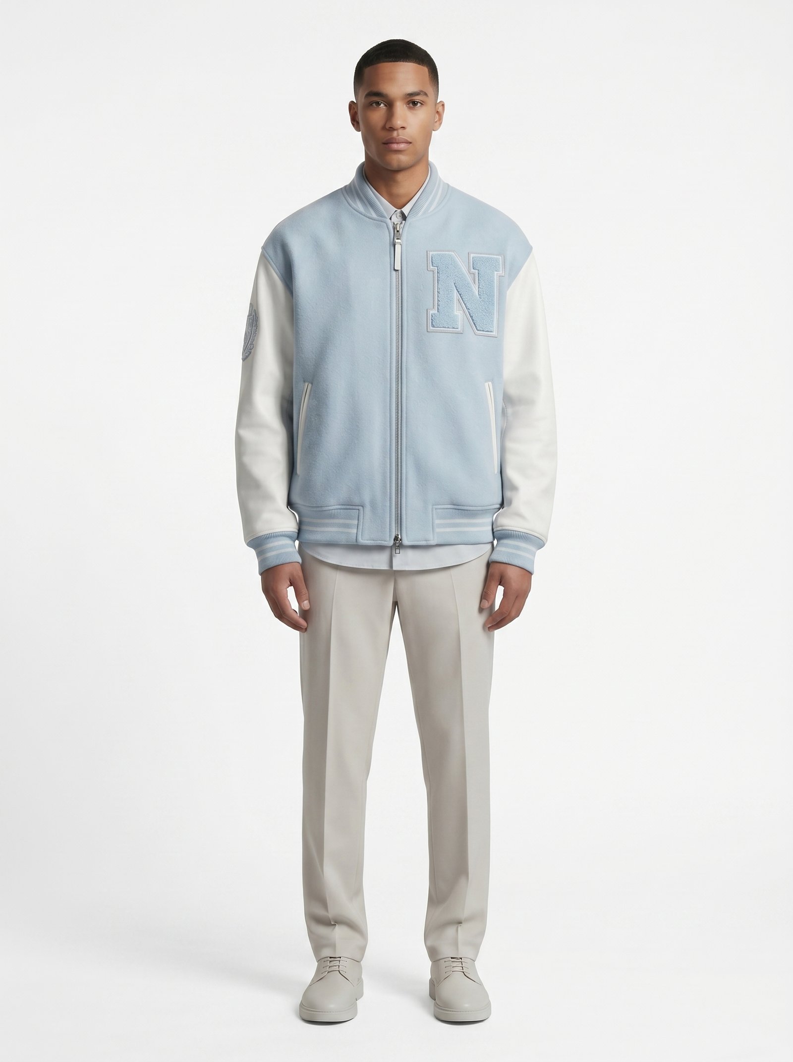 Custom Ice Blue Melton Wool Varsity Jacket Men Genuine Leather Sleeves Minimalist Luxury Letterman Coat B2B Nexus Jacket