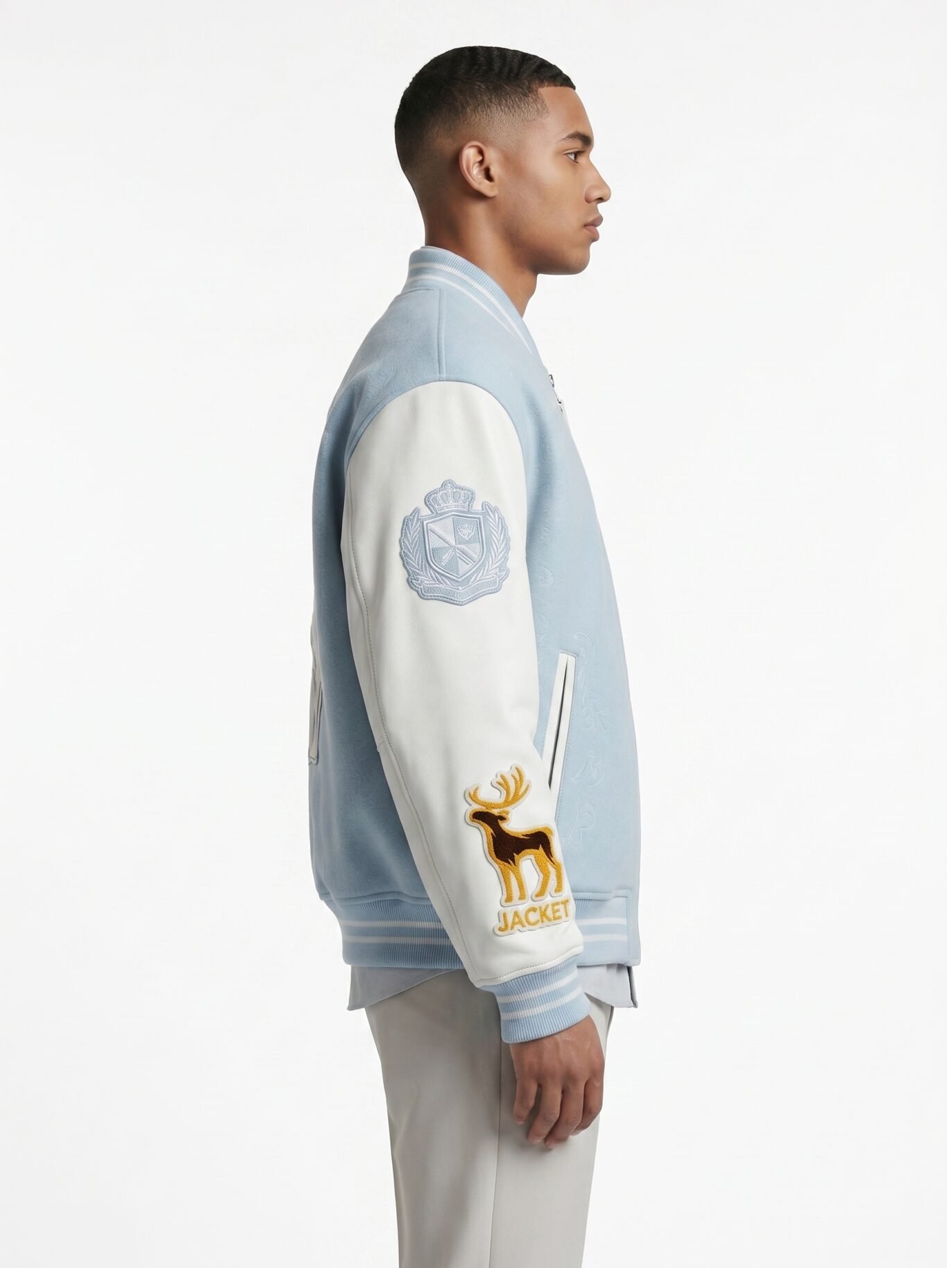 Custom Ice Blue Melton Wool Varsity Jacket Men Genuine Leather Sleeves Minimalist Luxury Letterman Coat B2B Nexus Jacket view 3