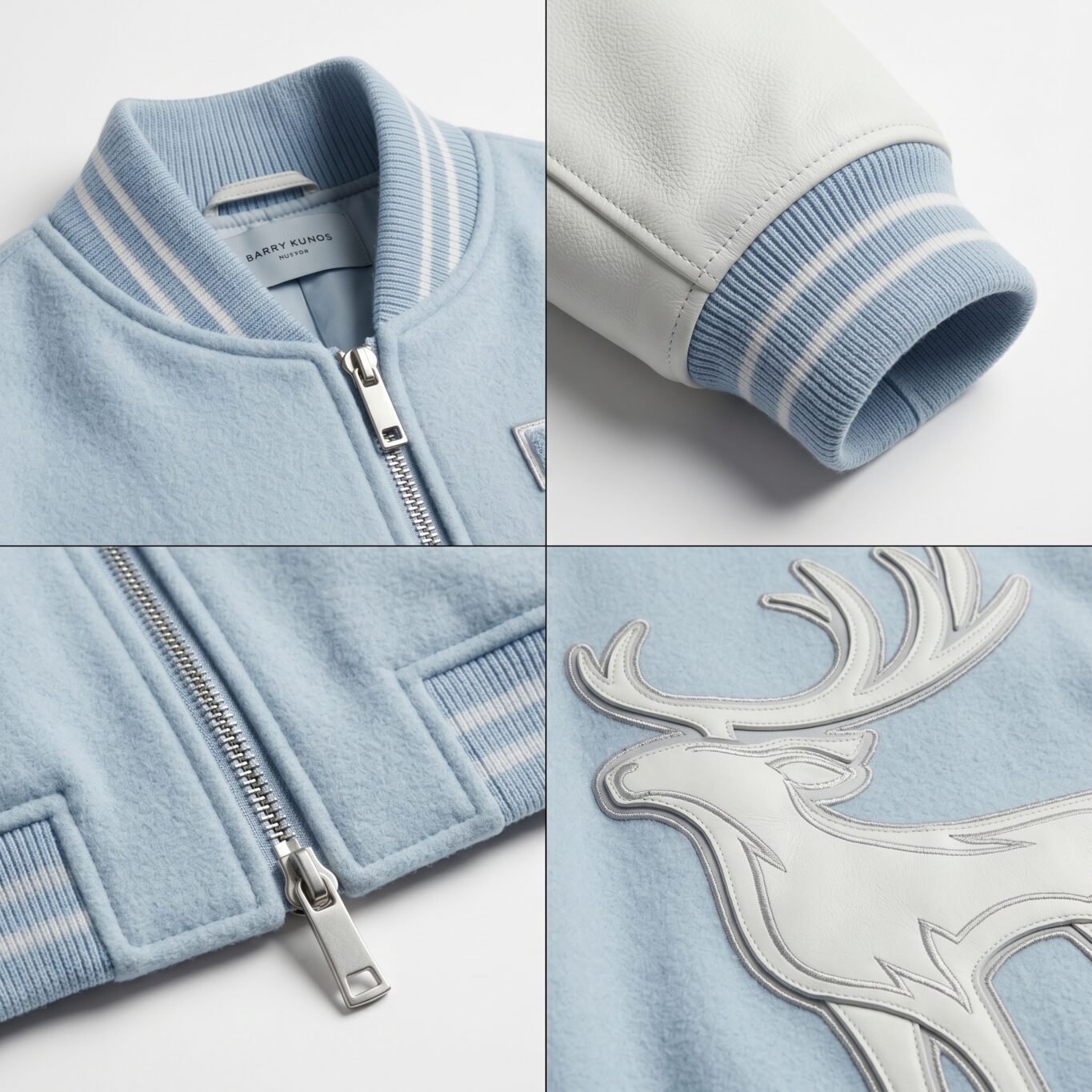 Custom Ice Blue Melton Wool Varsity Jacket Men Genuine Leather Sleeves Minimalist Luxury Letterman Coat B2B Nexus Jacket view 4