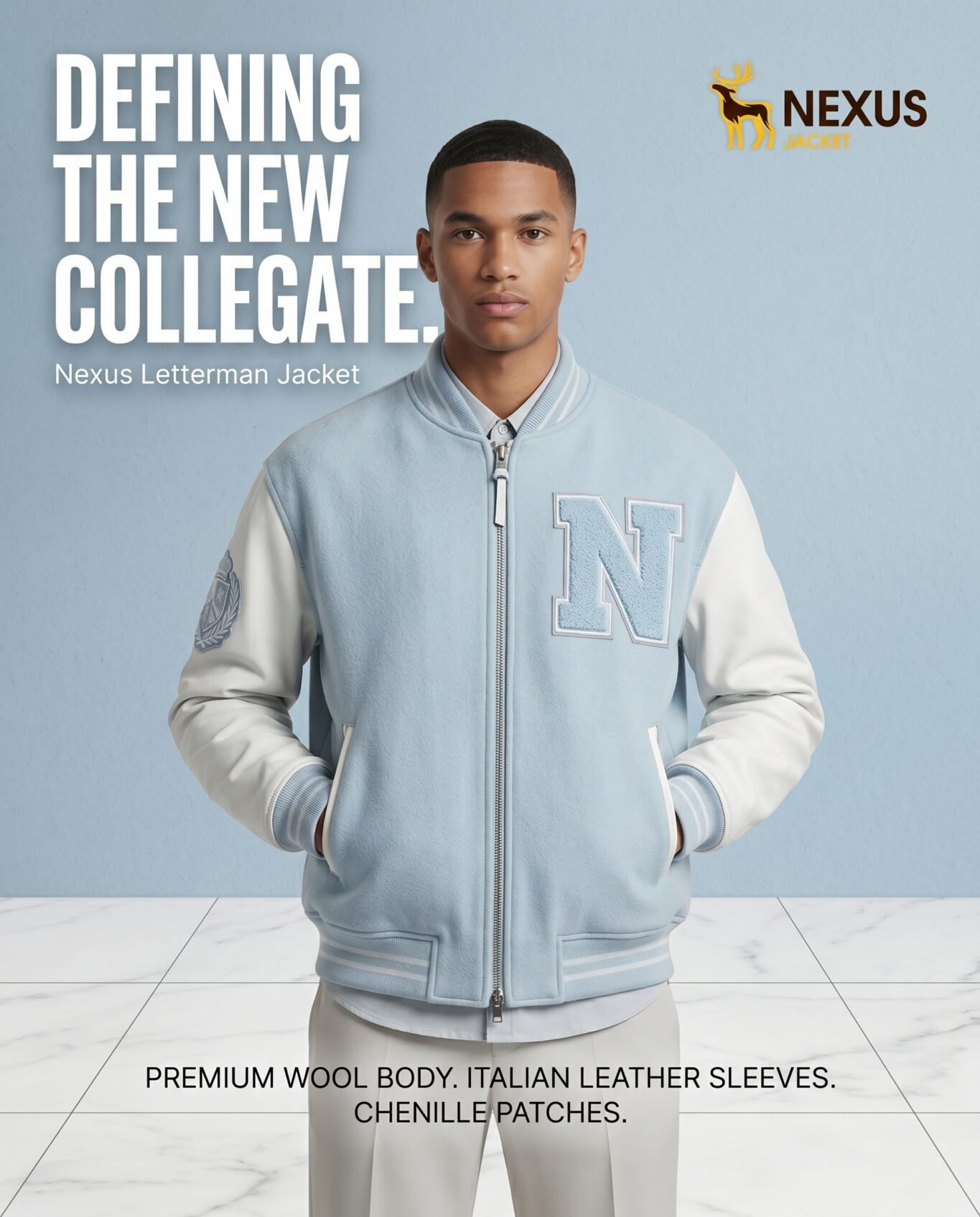 Custom Ice Blue Melton Wool Varsity Jacket Men Genuine Leather Sleeves Minimalist Luxury Letterman Coat B2B Nexus Jacket view 5