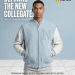 Custom Ice Blue Melton Wool Varsity Jacket Men Genuine Leather Sleeves Minimalist Luxury Letterman Coat B2B Nexus Jacket view 5