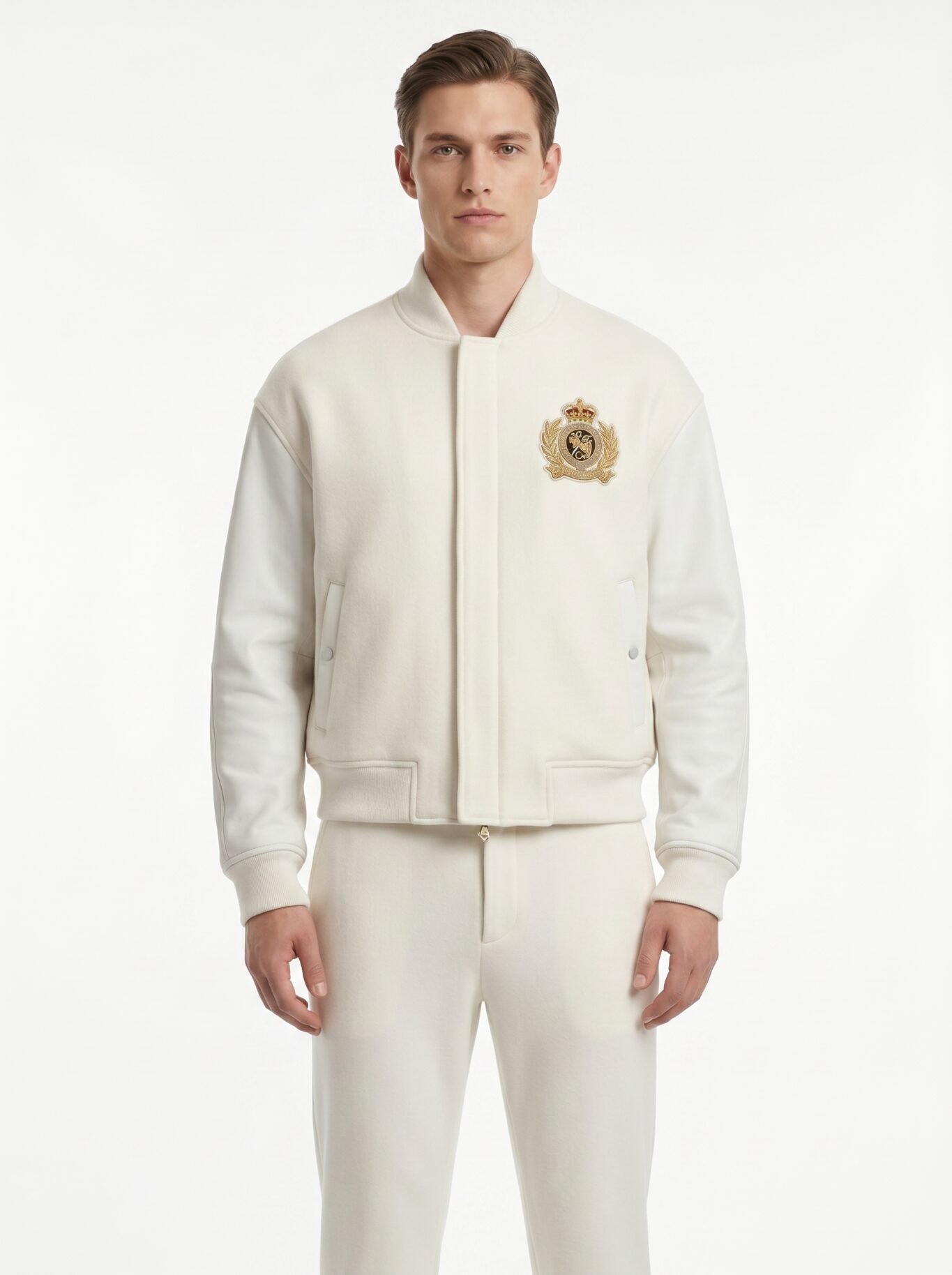 Custom Luxury Pearl White Wool Cashmere Leather Sleeve Varsity Jacket Men High Fashion Minimal Bomber Blank Outerwear OEM