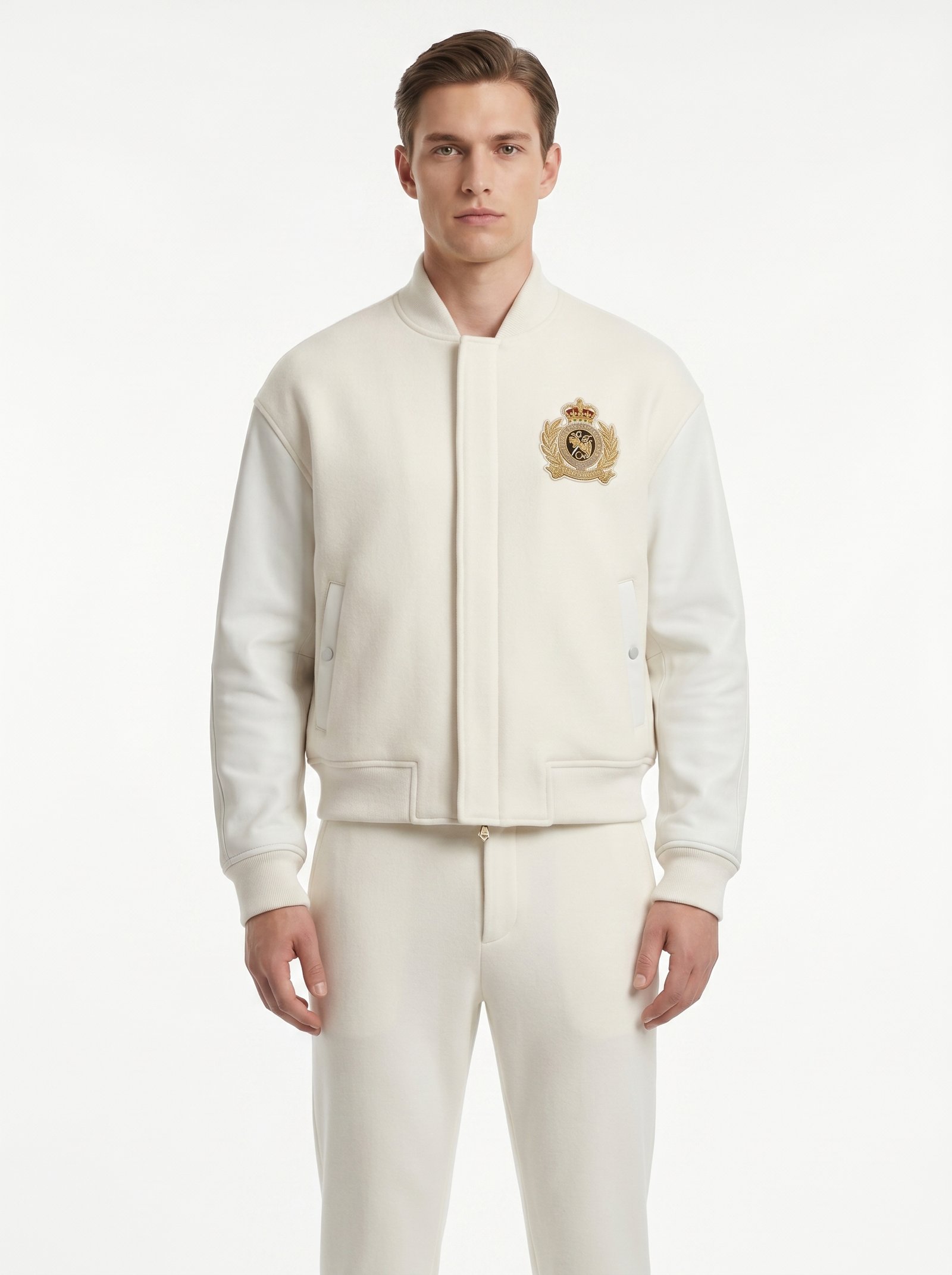 Custom Luxury Pearl White Wool Cashmere Leather Sleeve Varsity Jacket Men High Fashion Minimal Bomber Blank Outerwear OEM