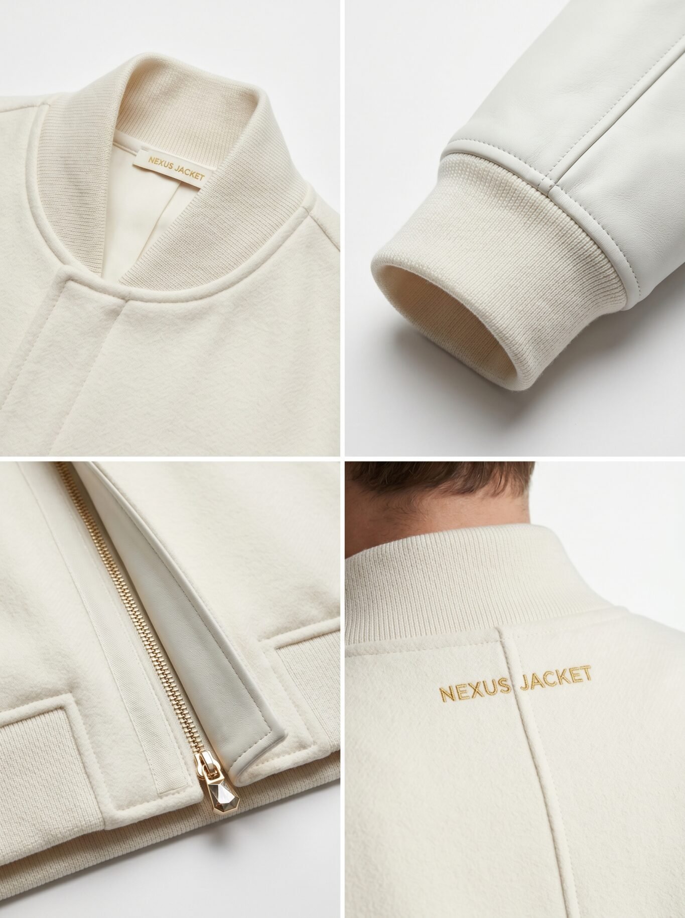 Custom Luxury Pearl White Wool Cashmere Leather Sleeve Varsity Jacket Men High Fashion Minimal Bomber Blank Outerwear OEM view 4
