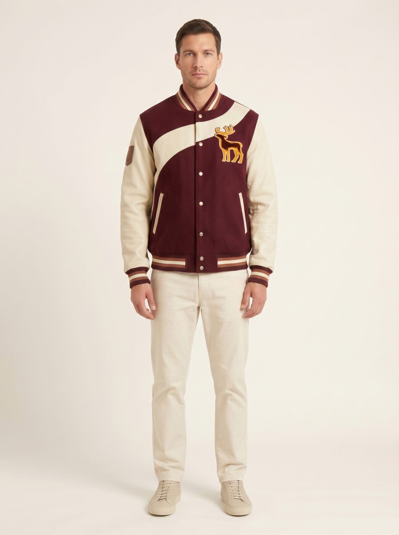 Custom Melton Wool Varsity Jacket Genuine Cowhide Leather Sleeves Asymmetric Color Block Men's Streetwear Bomber Jacket OEM
