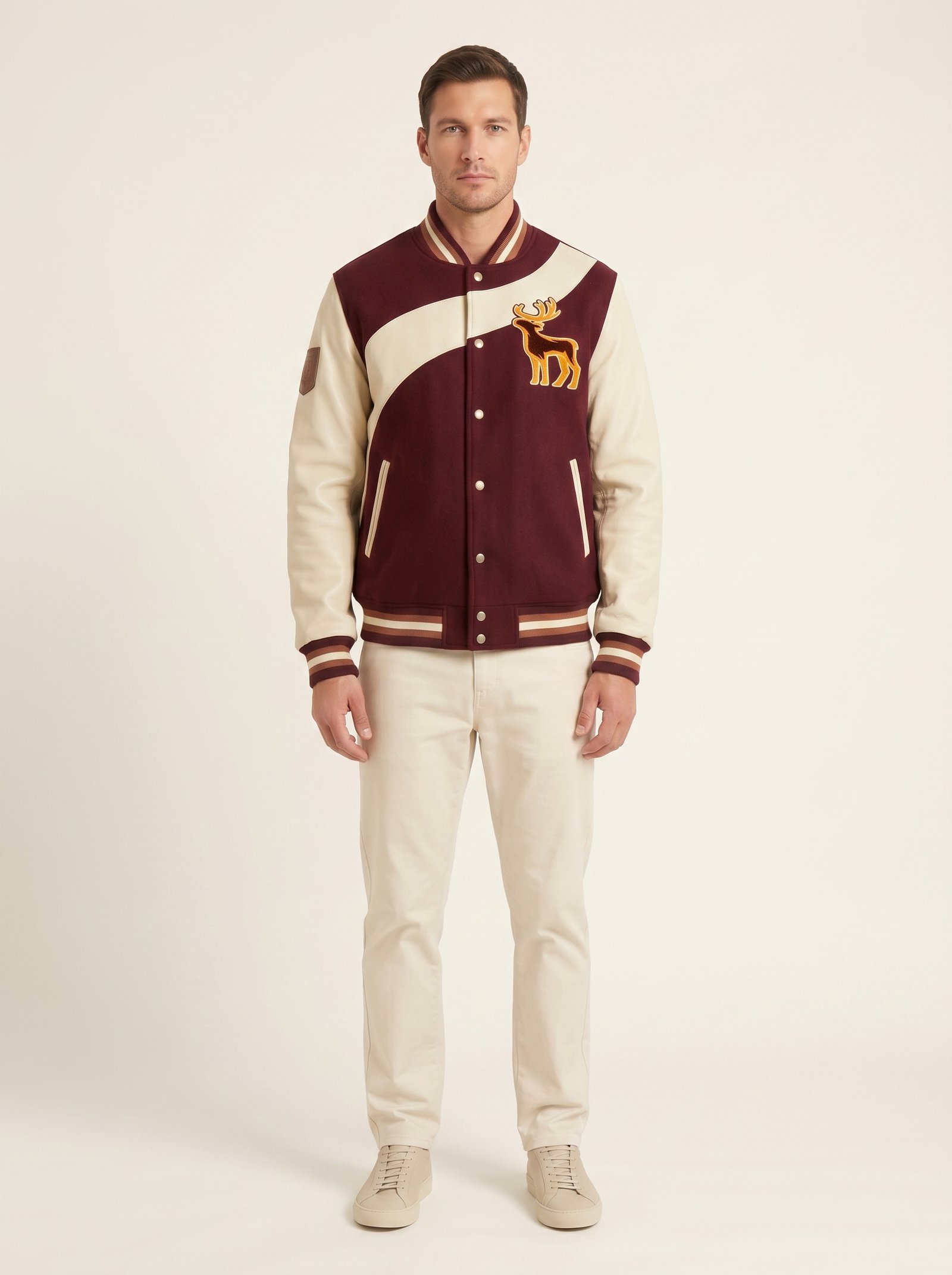 Custom Melton Wool Varsity Jacket Genuine Cowhide Leather Sleeves Asymmetric Color Block Men's Streetwear Bomber Jacket OEM