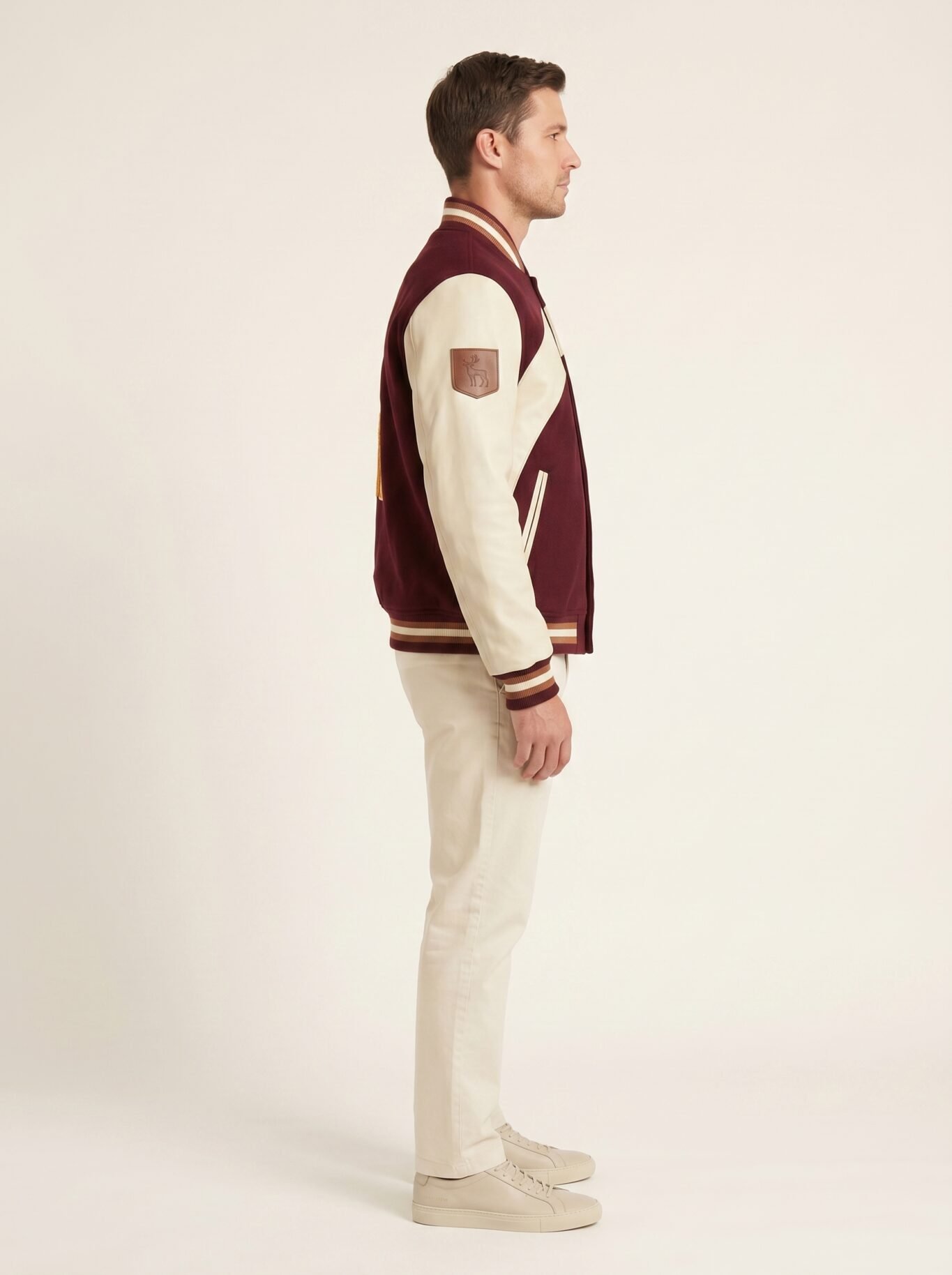 Custom Melton Wool Varsity Jacket Genuine Cowhide Leather Sleeves Asymmetric Color Block Men's Streetwear Bomber Jacket OEM view 3