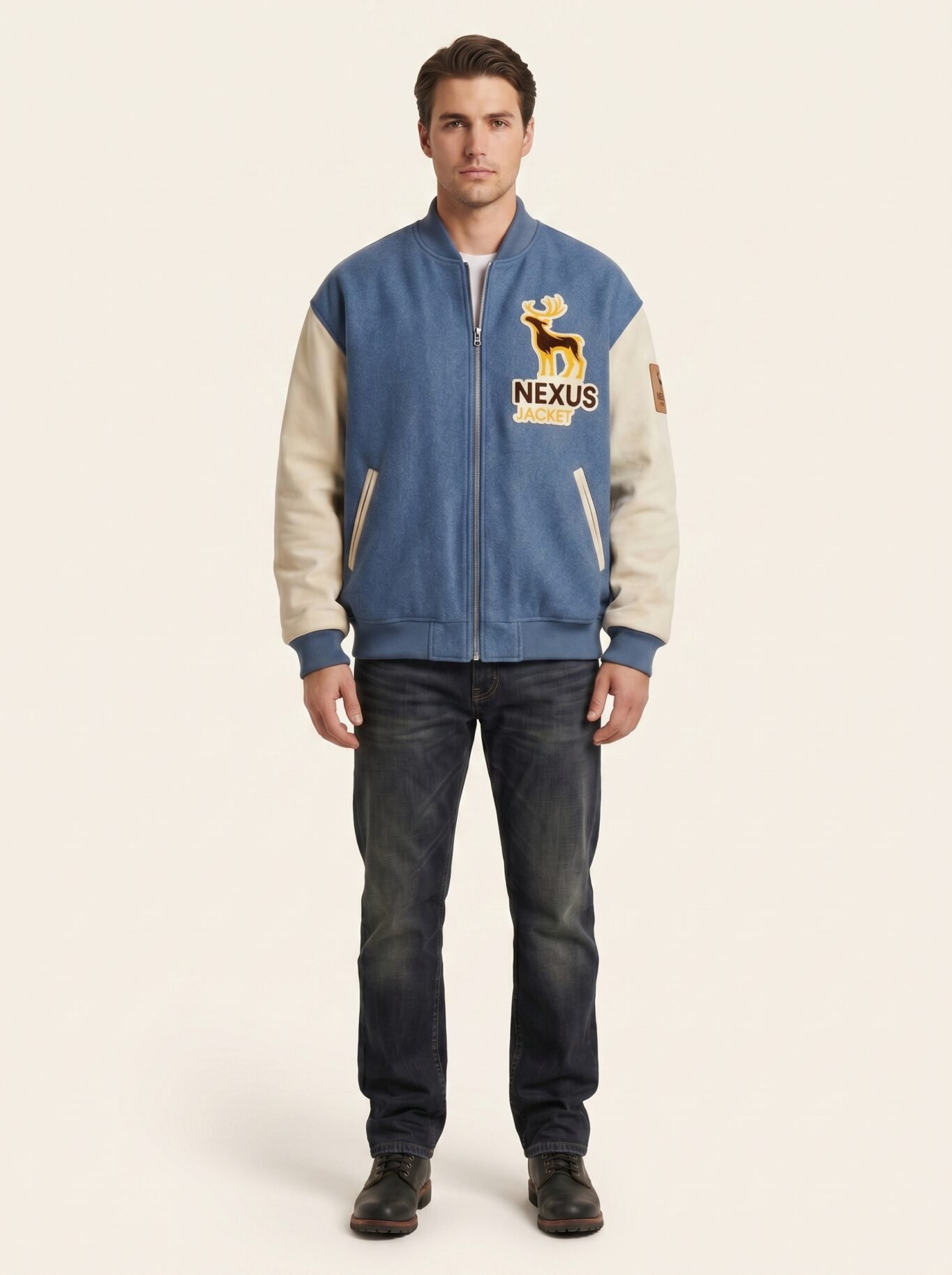 Custom Men's Asymmetric Varsity Jacket 24oz Wool Body Genuine Suede Leather Sleeves Streetwear Bomber Jacket OEM Manufacturer