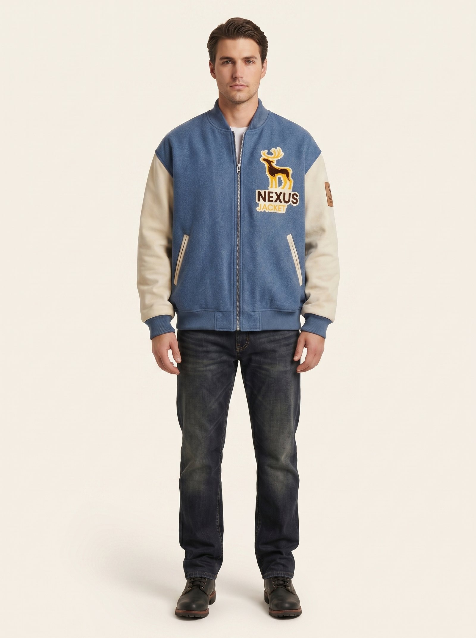 Custom Men's Asymmetric Varsity Jacket 24oz Wool Body Genuine Suede Leather Sleeves Streetwear Bomber Jacket OEM Manufacturer