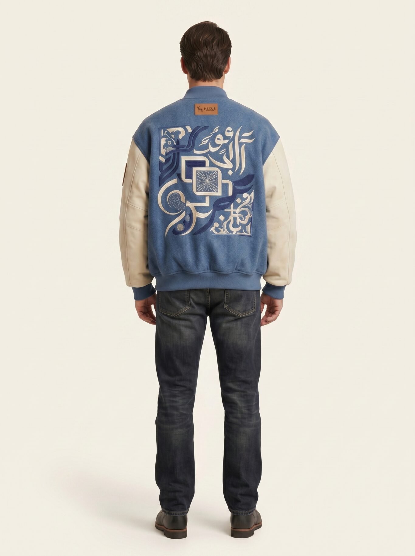 Custom Men's Asymmetric Varsity Jacket 24oz Wool Body Genuine Suede Leather Sleeves Streetwear Bomber Jacket OEM Manufacturer view 2