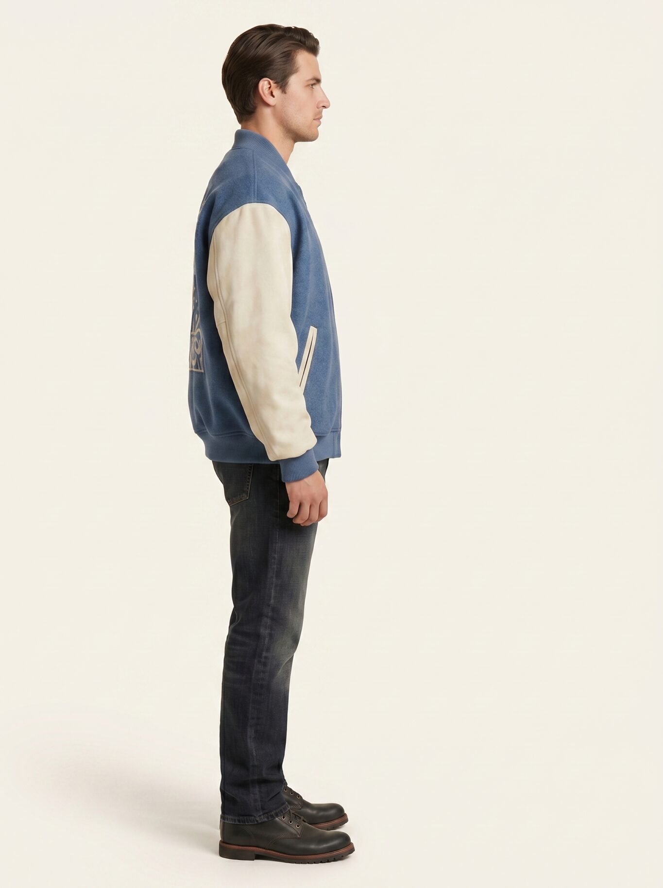 Custom Men's Asymmetric Varsity Jacket 24oz Wool Body Genuine Suede Leather Sleeves Streetwear Bomber Jacket OEM Manufacturer view 3