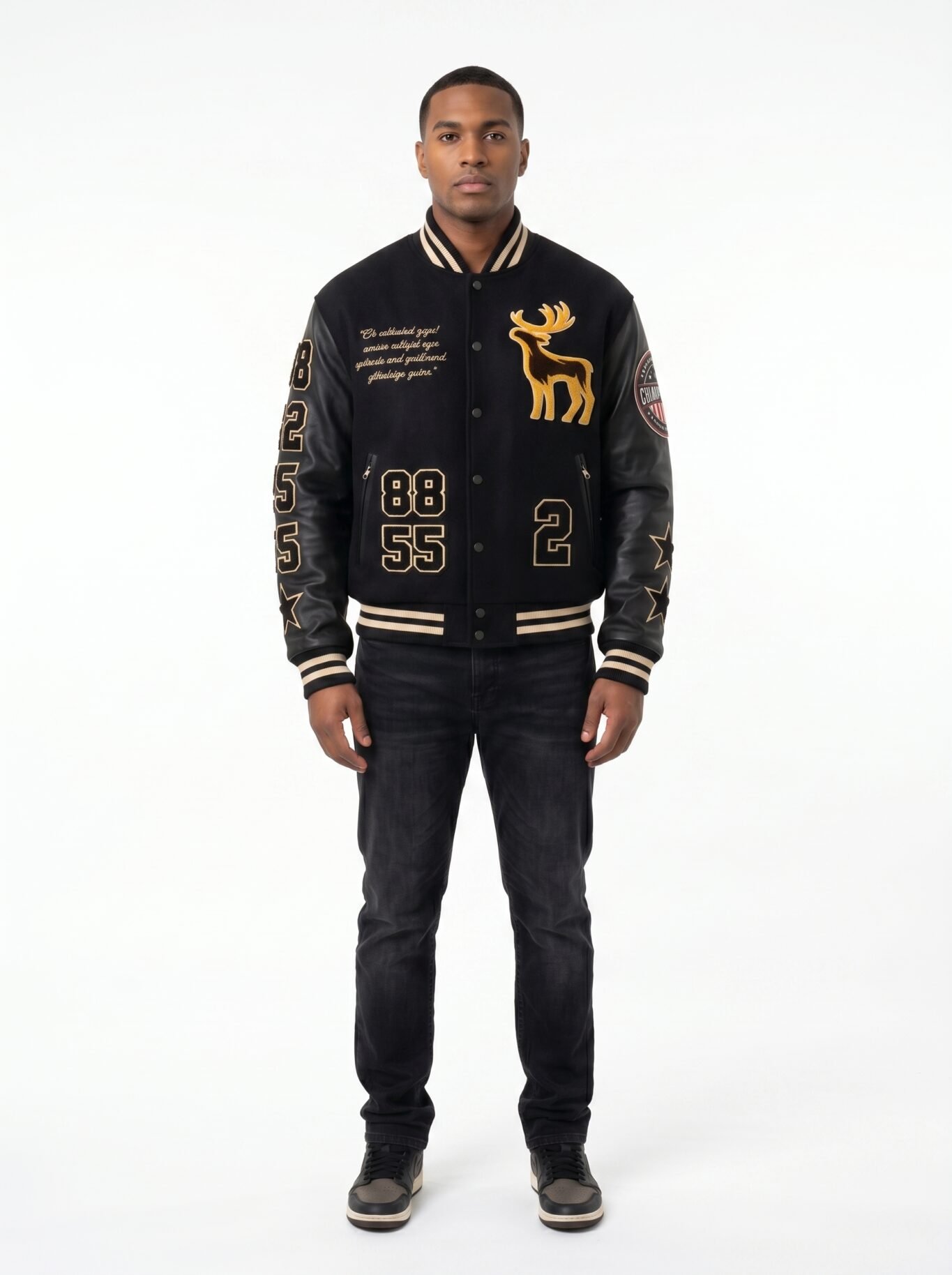 Custom Premium Black Wool Genuine Leather Sleeves Varsity Jacket Men Heavyweight Chenille Embroidery Letterman Baseball Coat OEM