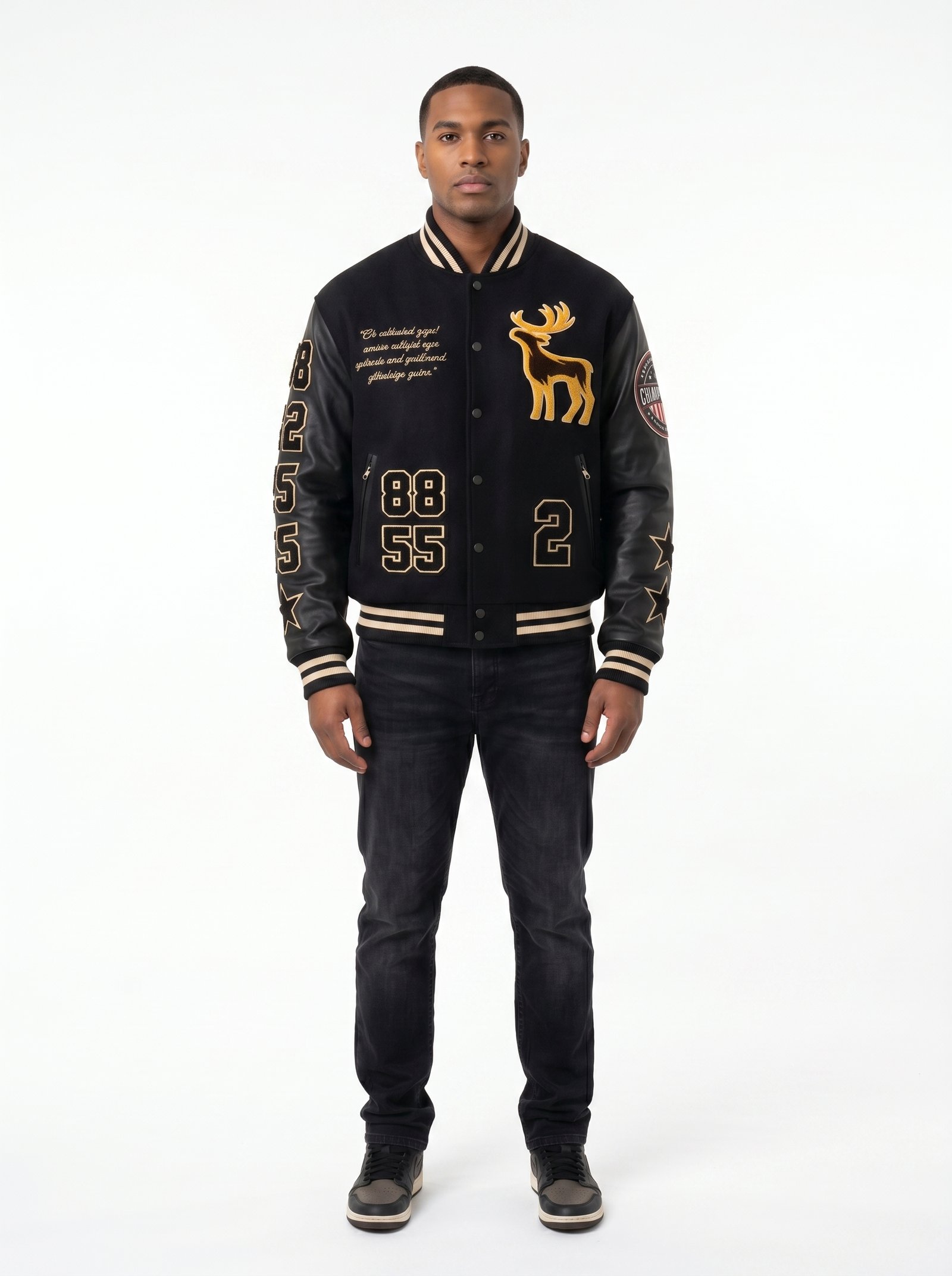 Custom Premium Black Wool Genuine Leather Sleeves Varsity Jacket Men Heavyweight Chenille Embroidery Letterman Baseball Coat OEM