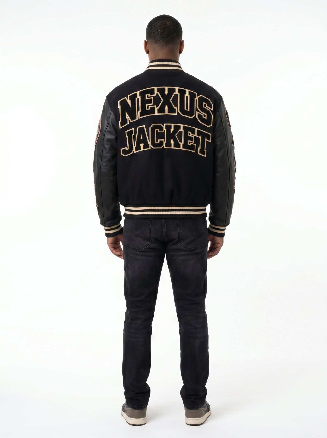 Custom Premium Black Wool Genuine Leather Sleeves Varsity Jacket Men Heavyweight Chenille Embroidery Letterman Baseball Coat OEM view 2
