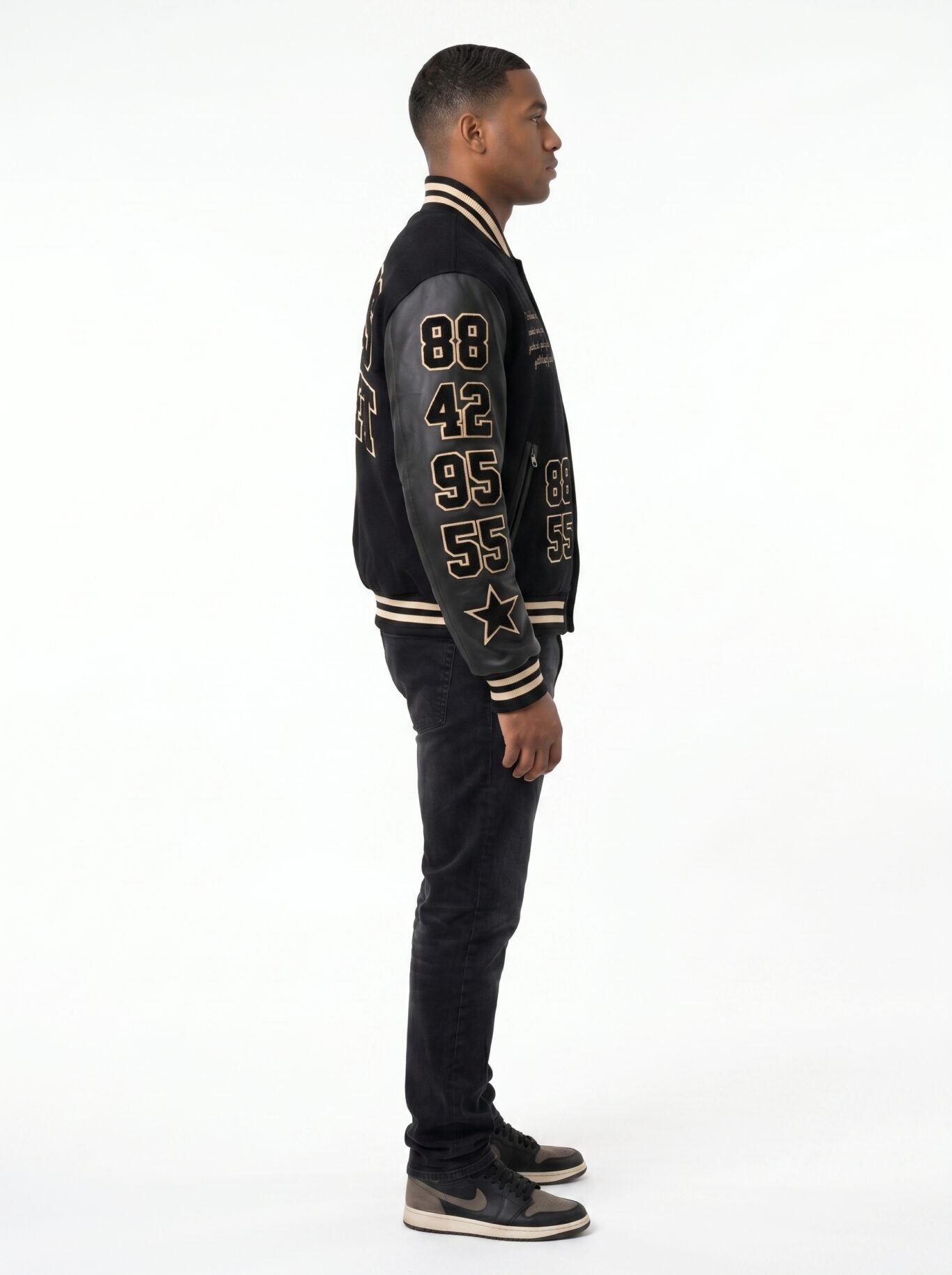 Custom Premium Black Wool Genuine Leather Sleeves Varsity Jacket Men Heavyweight Chenille Embroidery Letterman Baseball Coat OEM view 3