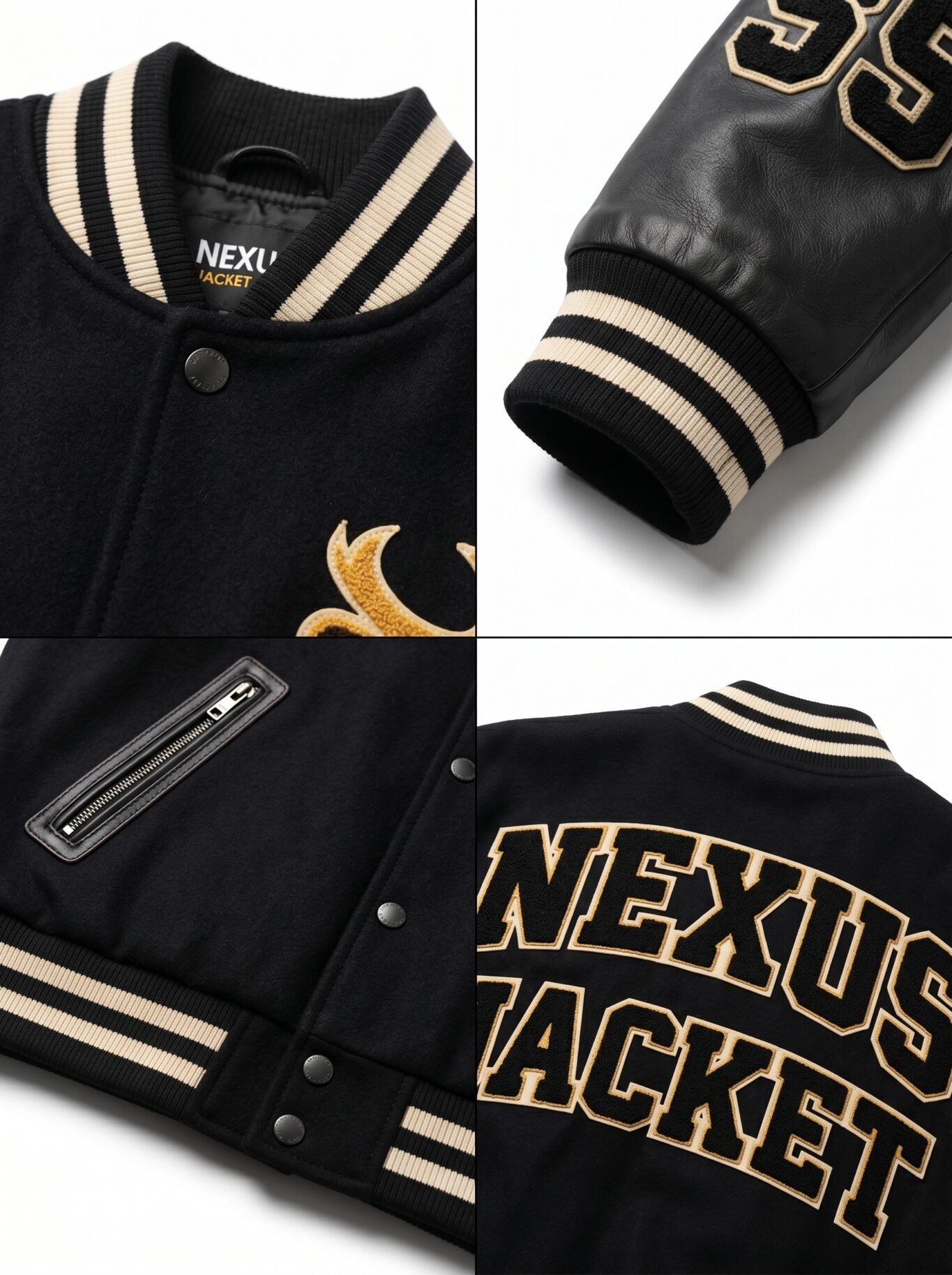 Custom Premium Black Wool Genuine Leather Sleeves Varsity Jacket Men Heavyweight Chenille Embroidery Letterman Baseball Coat OEM view 4