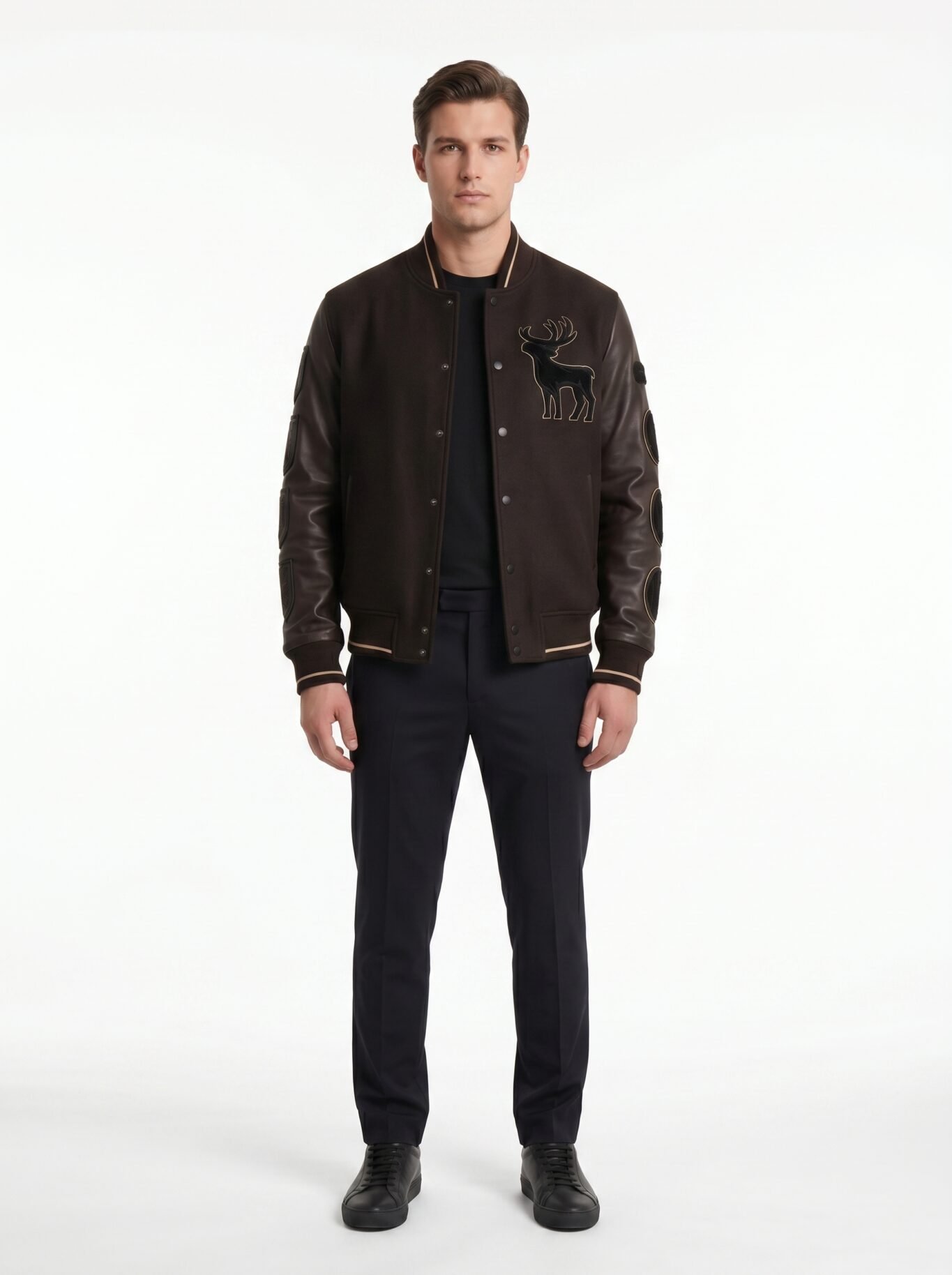 Custom Ultra Luxury Varsity Jacket Men Cashmere Wool Body Lambskin Leather Sleeve Oversized Streetwear Bomber Jacket OEM Factory