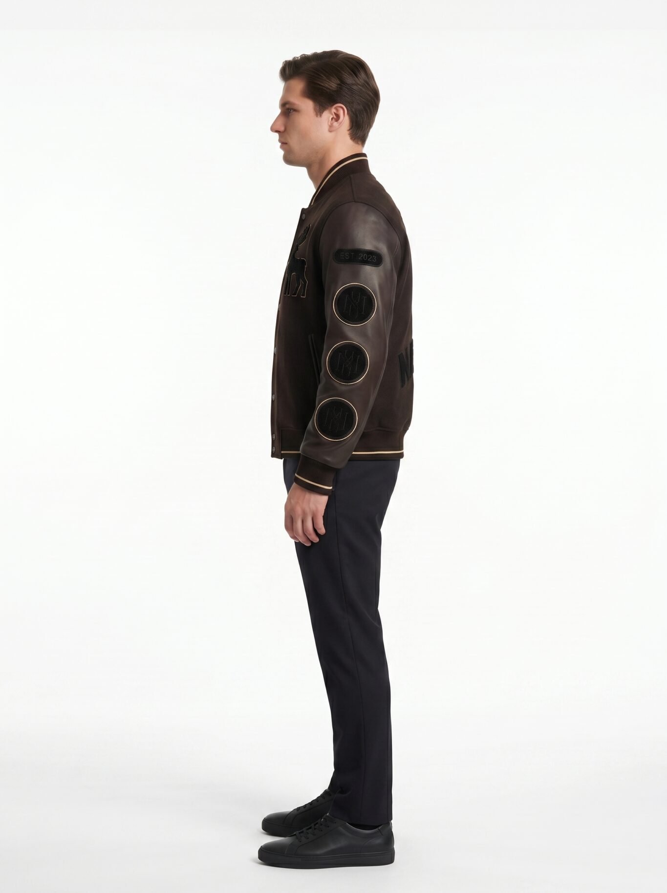 Custom Ultra Luxury Varsity Jacket Men Cashmere Wool Body Lambskin Leather Sleeve Oversized Streetwear Bomber Jacket OEM Factory view 3