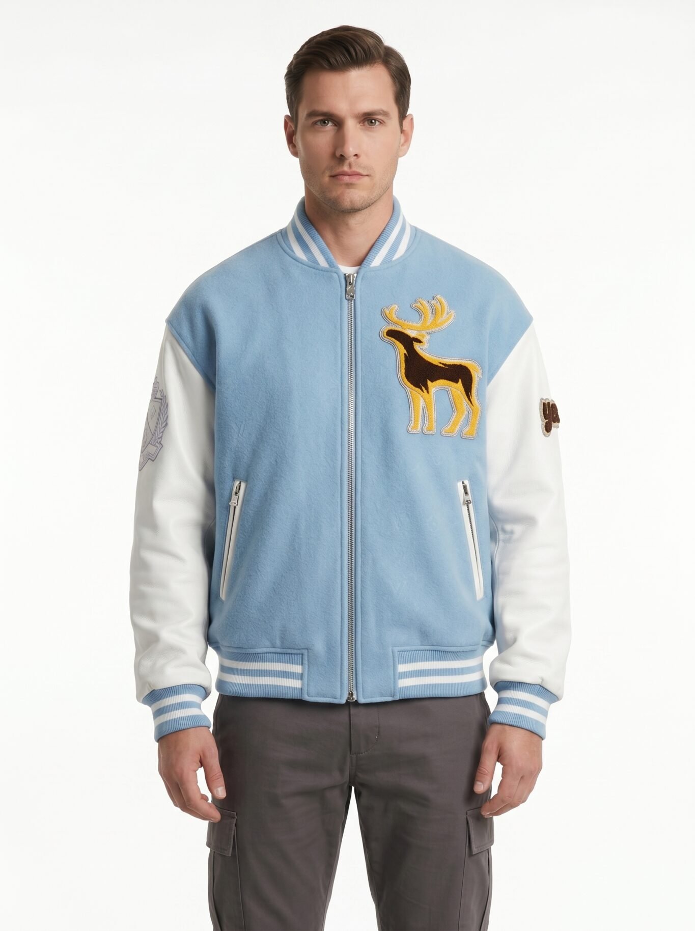 Ice Blue Luxury Mens Varsity Jacket Melton Wool Real Leather Sleeve Custom Designer Letterman Jacket OEM Wholesale Sialkot