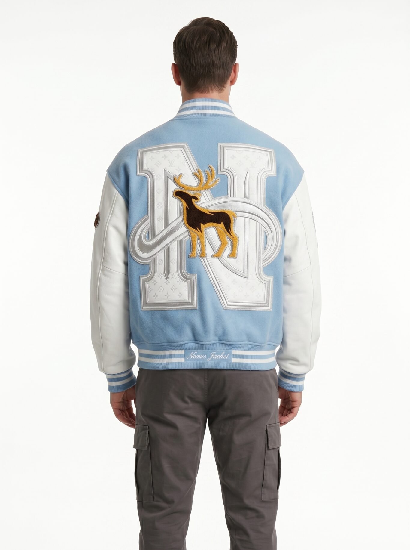 Ice Blue Luxury Mens Varsity Jacket Melton Wool Real Leather Sleeve Custom Designer Letterman Jacket OEM Wholesale Sialkot view 2