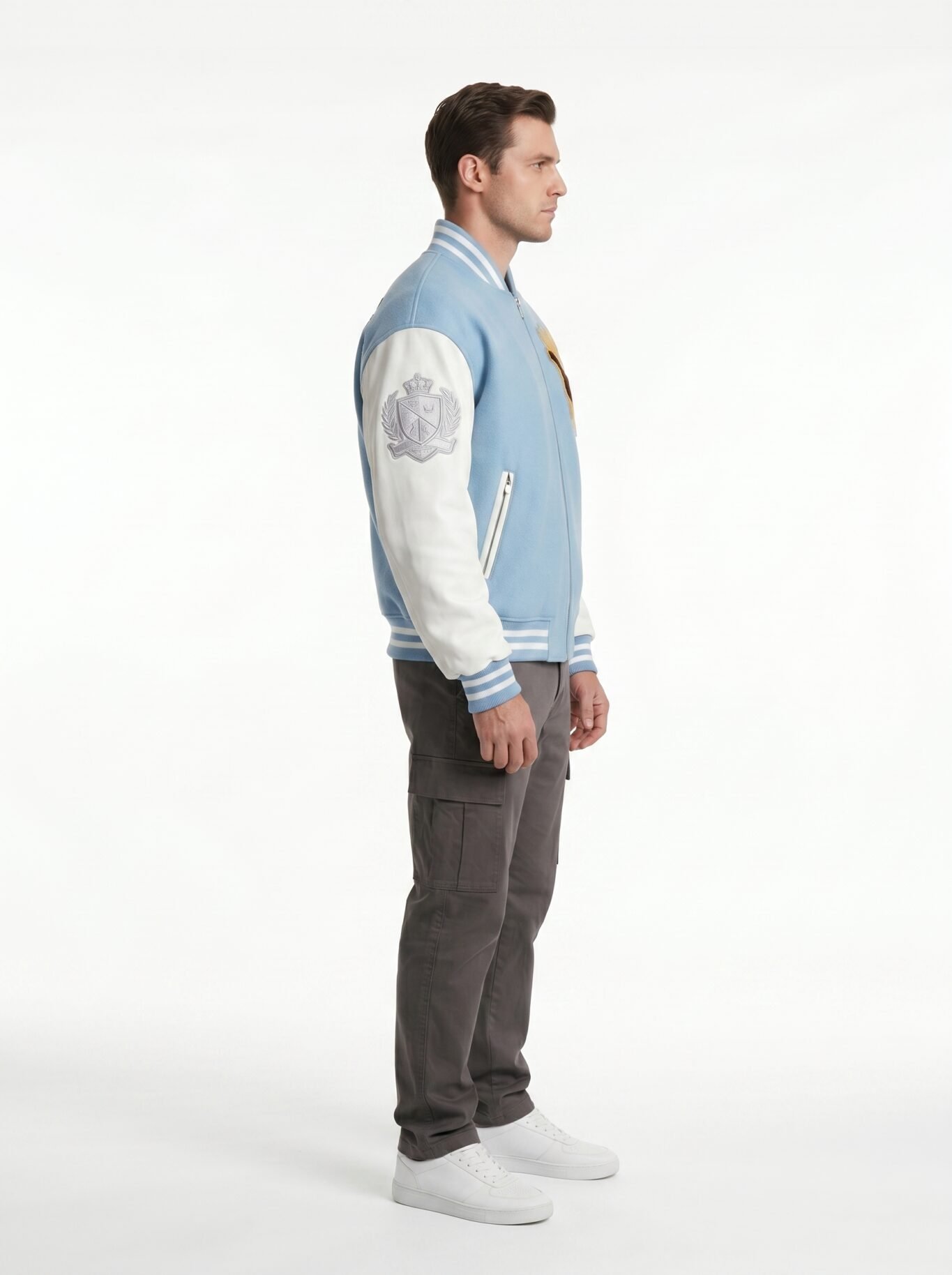 Ice Blue Luxury Mens Varsity Jacket Melton Wool Real Leather Sleeve Custom Designer Letterman Jacket OEM Wholesale Sialkot view 3