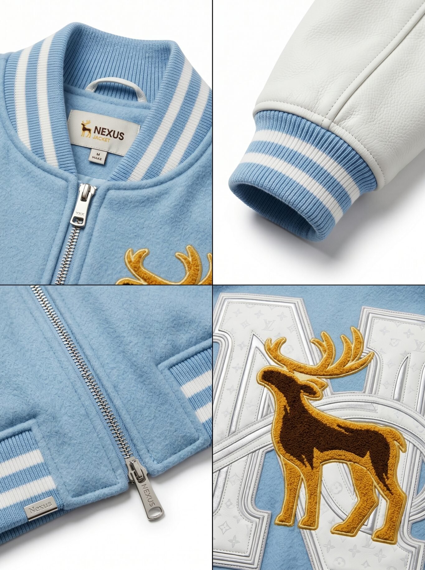 Ice Blue Luxury Mens Varsity Jacket Melton Wool Real Leather Sleeve Custom Designer Letterman Jacket OEM Wholesale Sialkot view 4