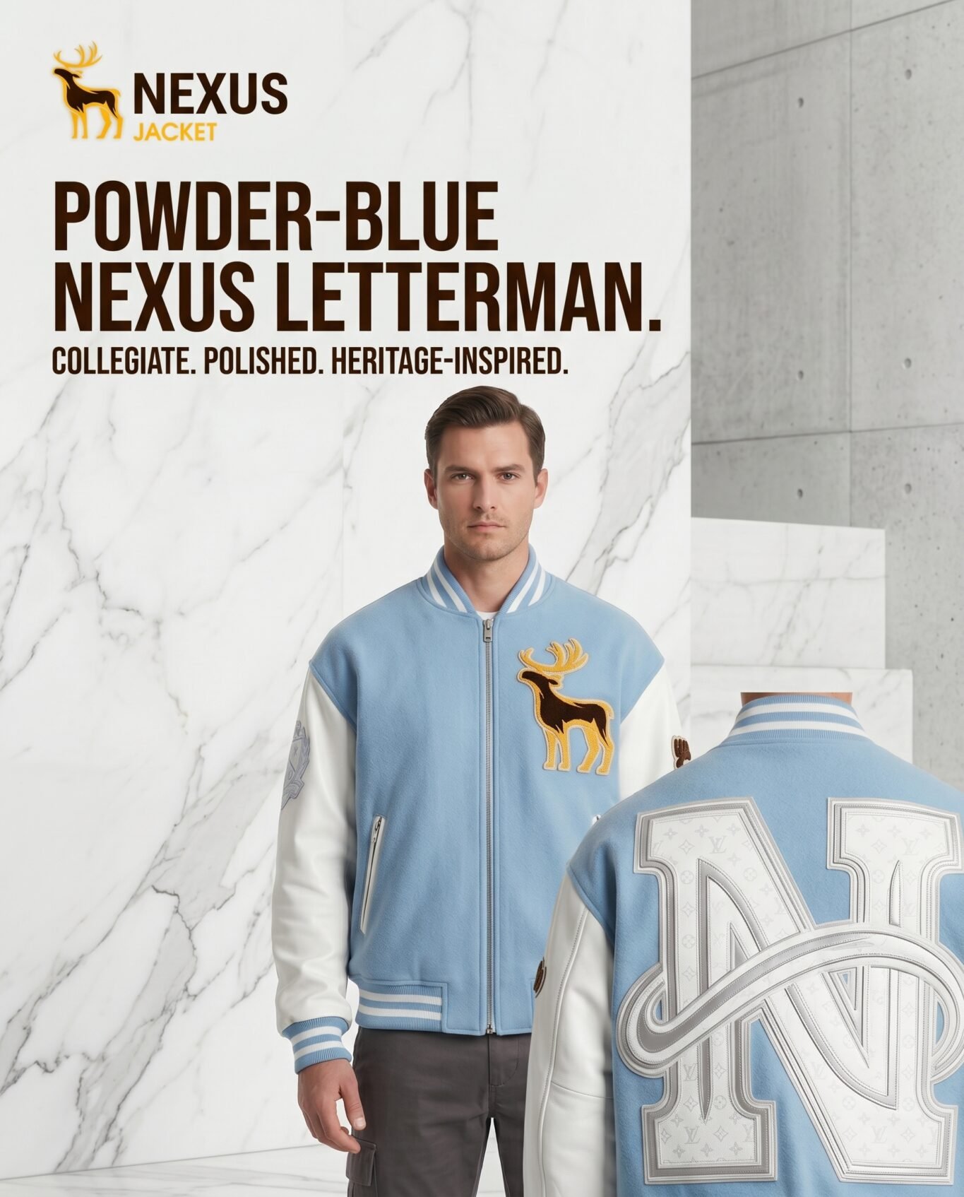 Ice Blue Luxury Mens Varsity Jacket Melton Wool Real Leather Sleeve Custom Designer Letterman Jacket OEM Wholesale Sialkot view 5