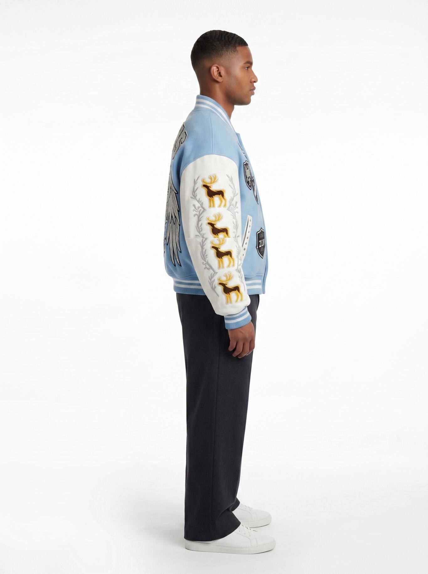 Luxury Custom Wool Melton Leather Varsity Jacket Oversized Men Heavyweight Letterman Coat Maximalist Embroidery OEM Factory view 3