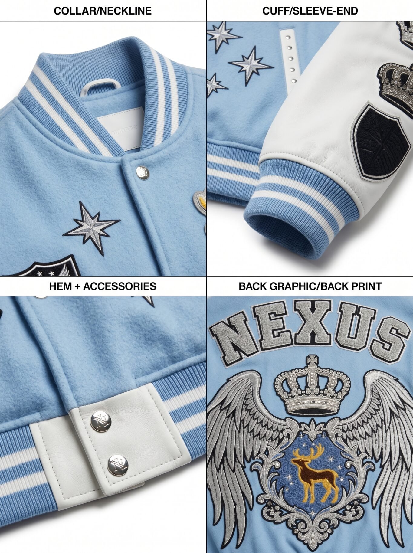 Luxury Custom Wool Melton Leather Varsity Jacket Oversized Men Heavyweight Letterman Coat Maximalist Embroidery OEM Factory view 4