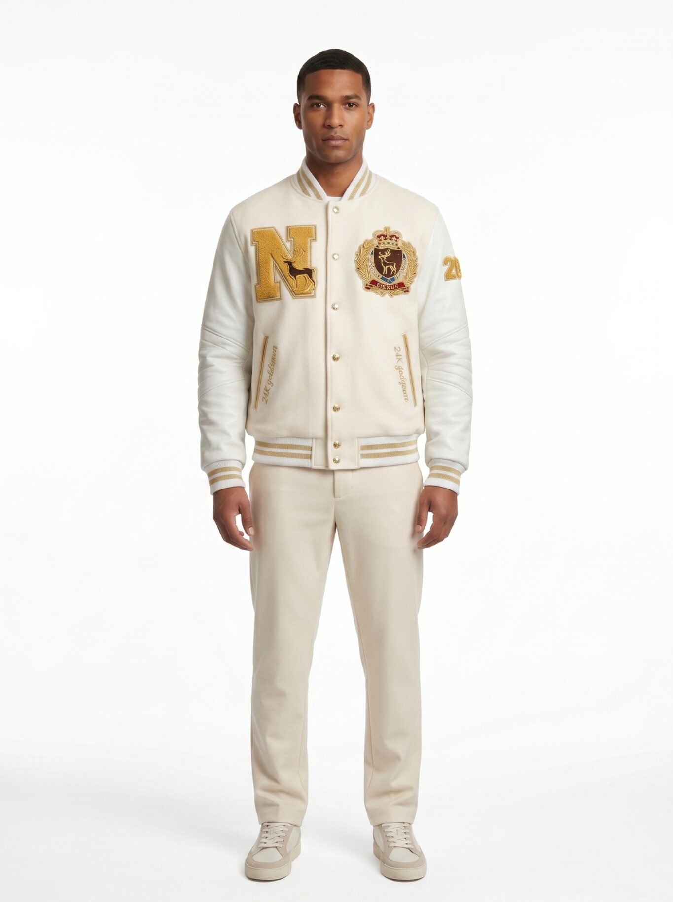 Luxury Pearl White Varsity Jacket Wool Cashmere Leather Sleeves Custom Gold Bullion Embroidery Men's B2B Streetwear Nexus Jacket