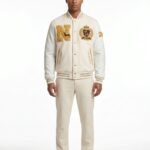 Luxury Pearl White Varsity Jacket Wool Cashmere Leather Sleeves Custom Gold Bullion Embroidery Men's B2B Streetwear Nexus Jacket