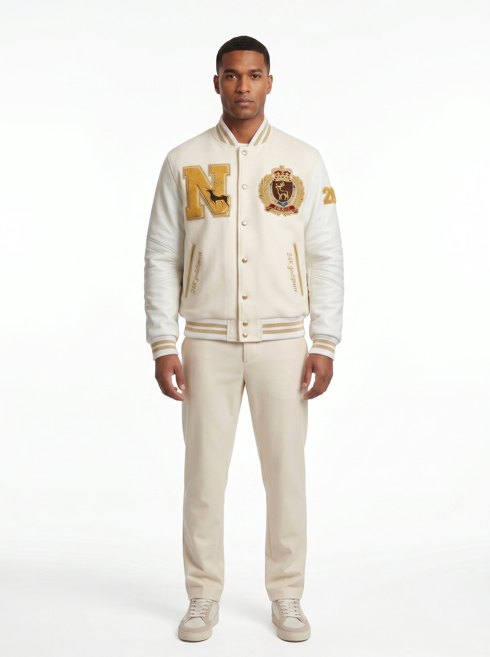 Luxury Pearl White Varsity Jacket Wool Cashmere Leather Sleeves Custom Gold Bullion Embroidery Men's B2B Streetwear Nexus Jacket