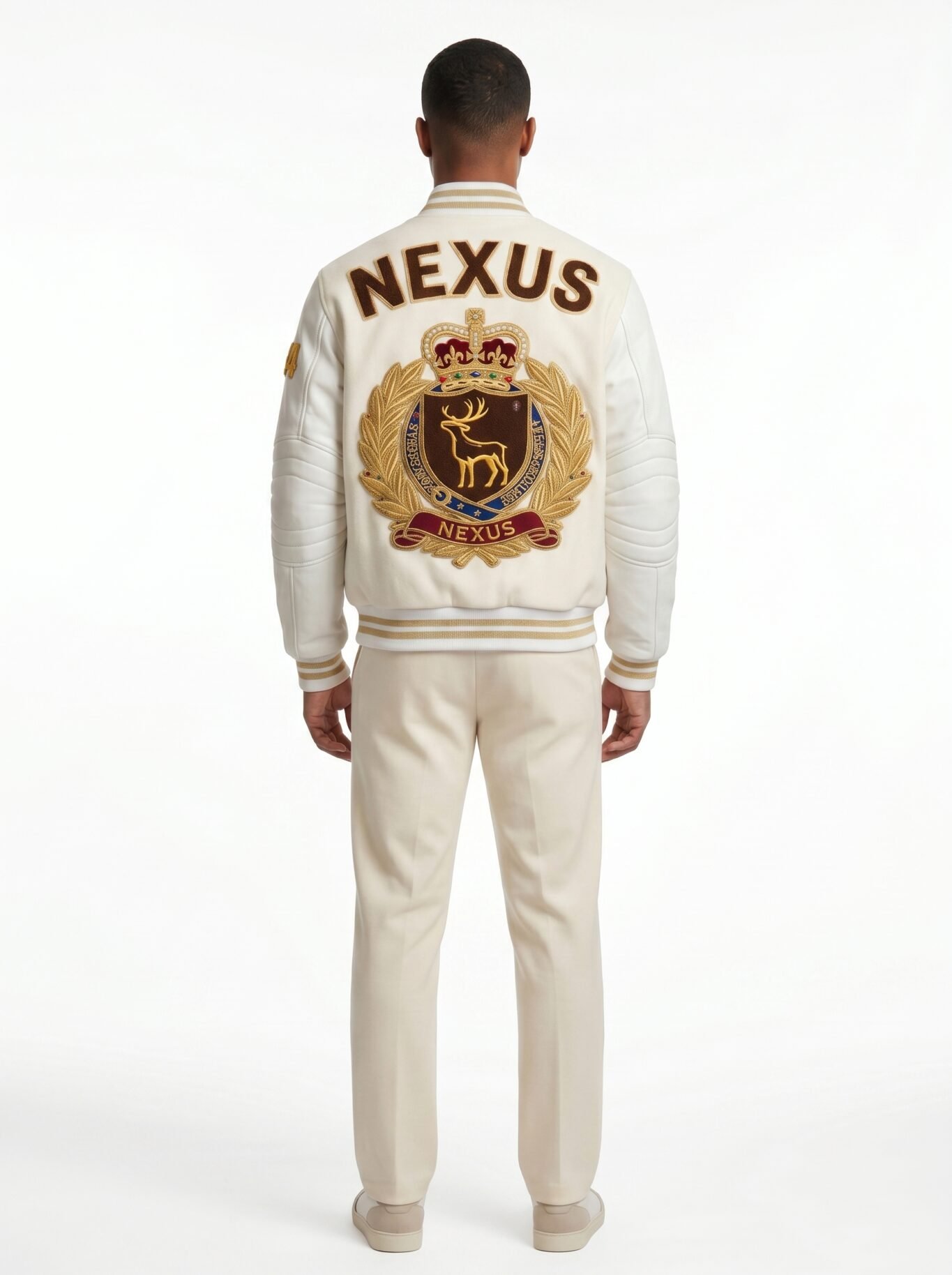 Luxury Pearl White Varsity Jacket Wool Cashmere Leather Sleeves Custom Gold Bullion Embroidery Men's B2B Streetwear Nexus Jacket view 2