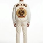 Luxury Pearl White Varsity Jacket Wool Cashmere Leather Sleeves Custom Gold Bullion Embroidery Men's B2B Streetwear Nexus Jacket view 2