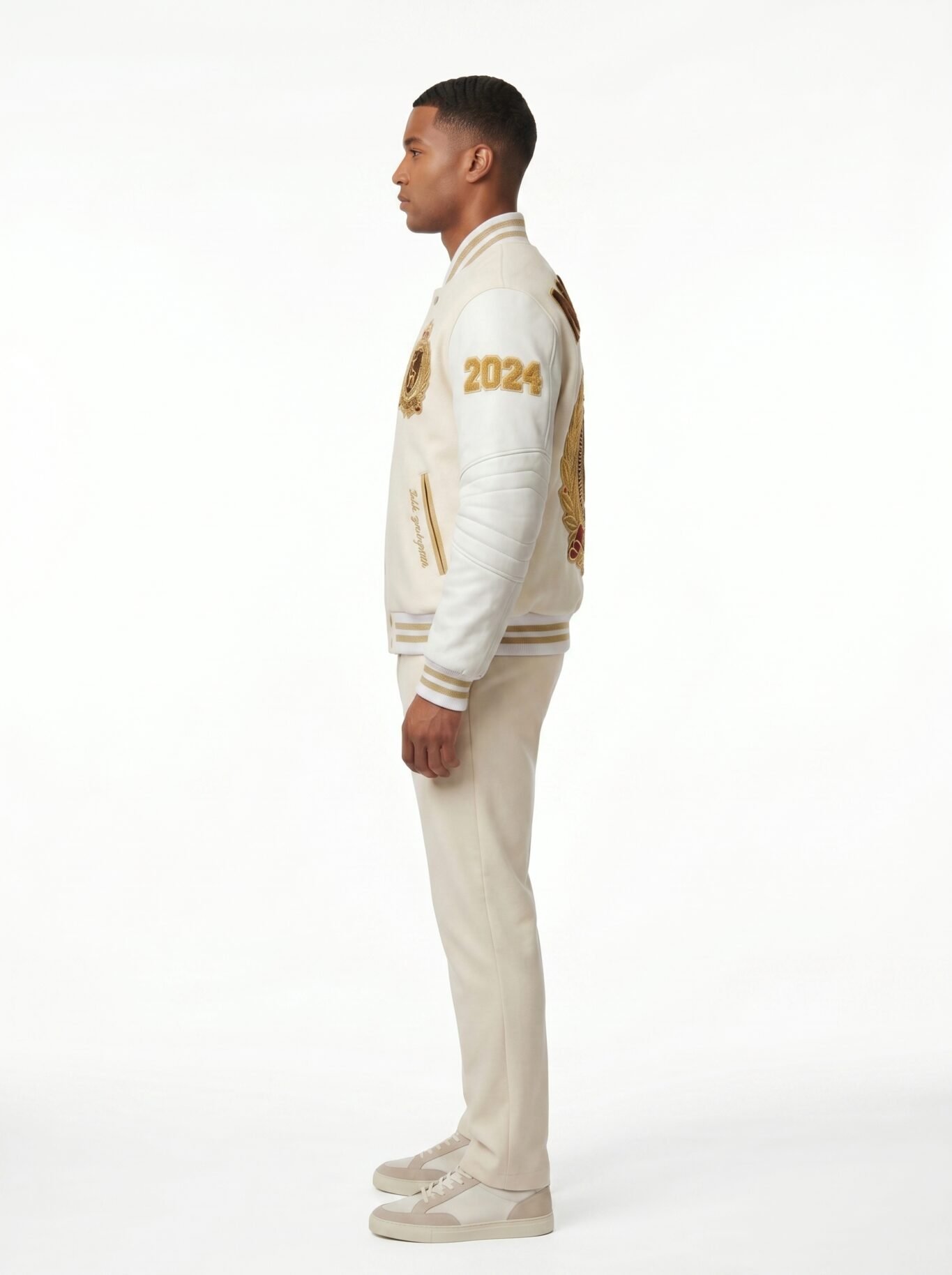 Luxury Pearl White Varsity Jacket Wool Cashmere Leather Sleeves Custom Gold Bullion Embroidery Men's B2B Streetwear Nexus Jacket view 3