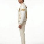 Luxury Pearl White Varsity Jacket Wool Cashmere Leather Sleeves Custom Gold Bullion Embroidery Men's B2B Streetwear Nexus Jacket view 3