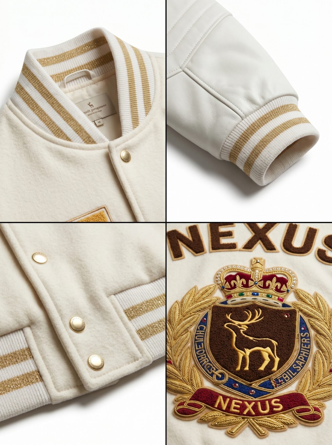 Luxury Pearl White Varsity Jacket Wool Cashmere Leather Sleeves Custom Gold Bullion Embroidery Men's B2B Streetwear Nexus Jacket view 4