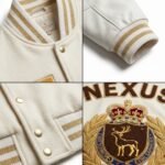 Luxury Pearl White Varsity Jacket Wool Cashmere Leather Sleeves Custom Gold Bullion Embroidery Men's B2B Streetwear Nexus Jacket view 4