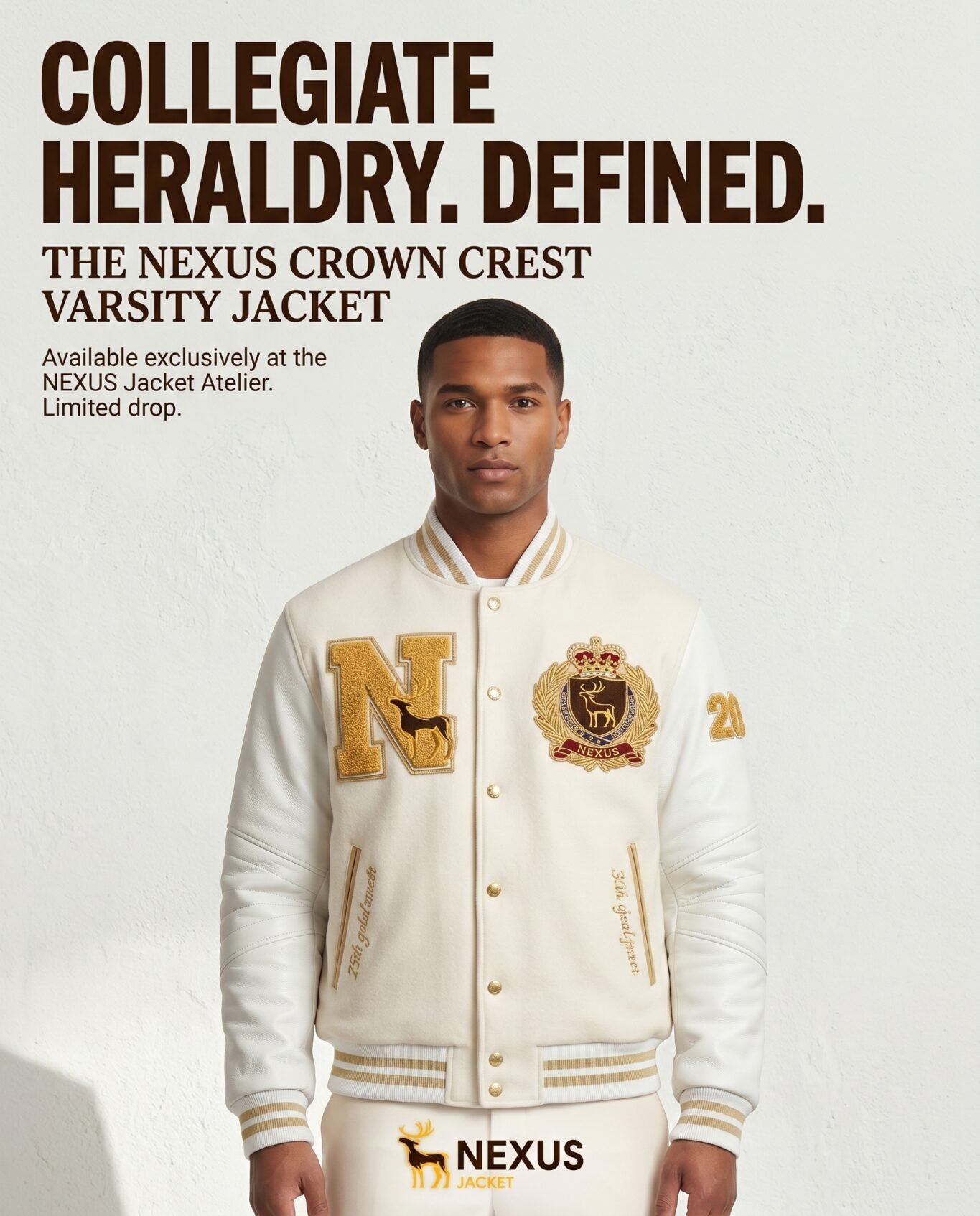Luxury Pearl White Varsity Jacket Wool Cashmere Leather Sleeves Custom Gold Bullion Embroidery Men's B2B Streetwear Nexus Jacket view 5