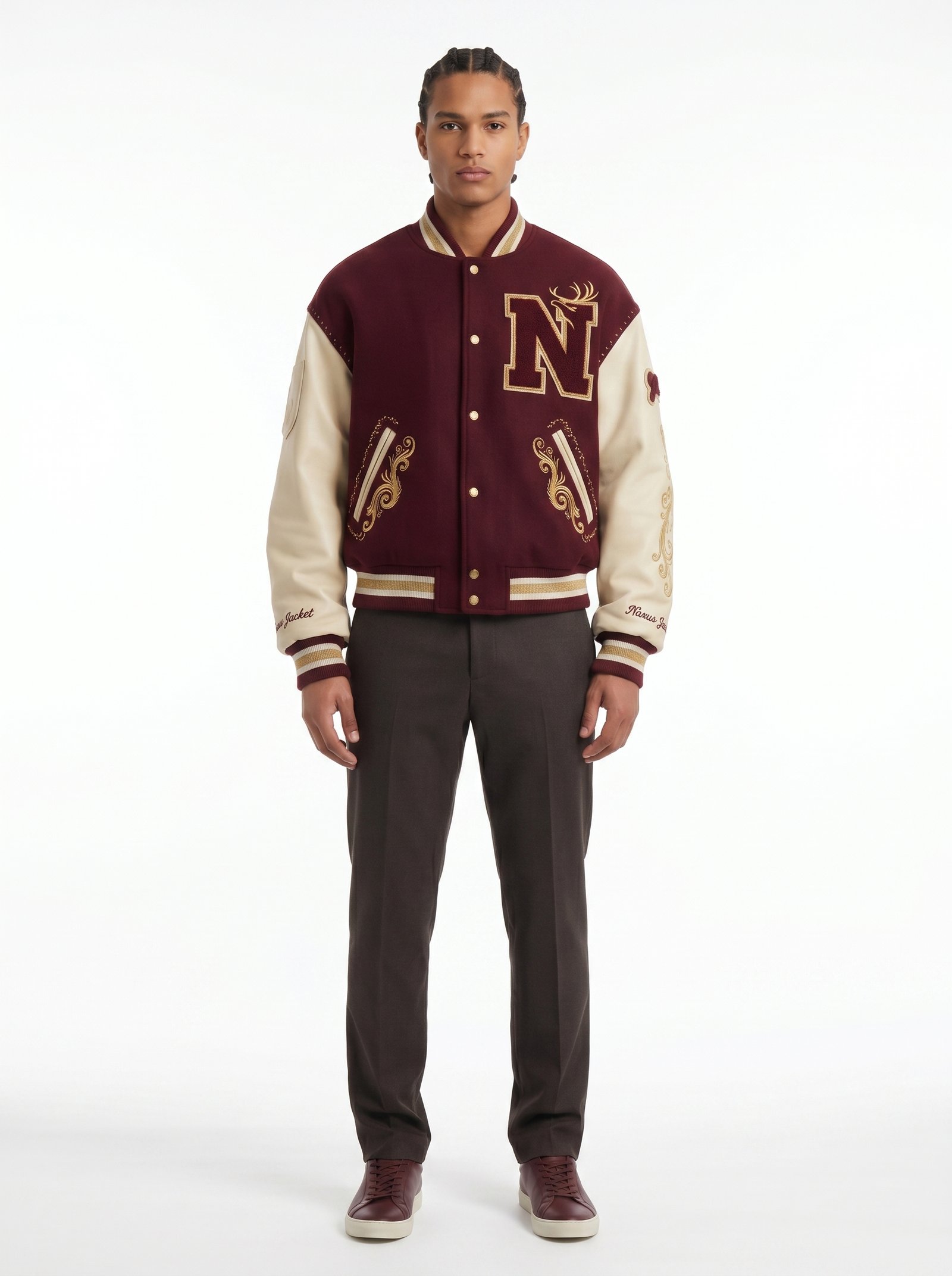 Maximalist Royal Varsity Jacket 32oz Wool Melton & Lambskin Leather Heavy Embroidered Streetwear Bomber Coat Custom Logo OEM