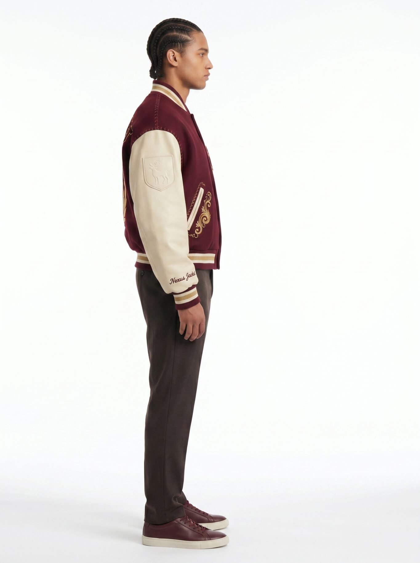 Maximalist Royal Varsity Jacket 32oz Wool Melton & Lambskin Leather Heavy Embroidered Streetwear Bomber Coat Custom Logo OEM view 3
